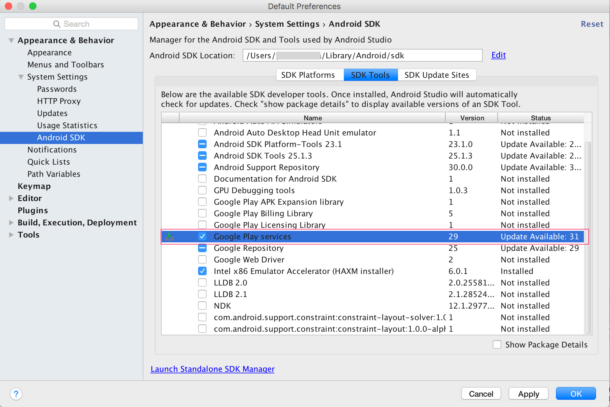 Google Play servicesにチェック